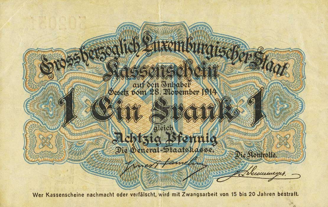 Back of Luxembourg p21: 1 Franken from 1914