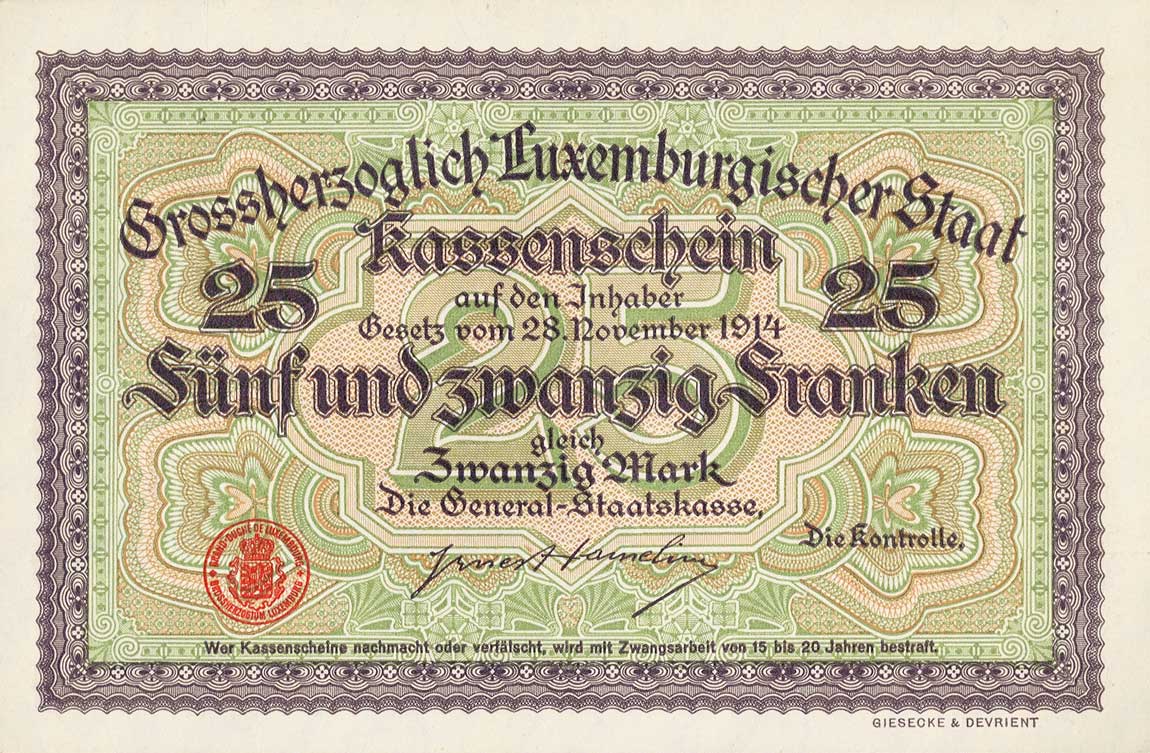 Back of Luxembourg p24: 25 Franken from 1914