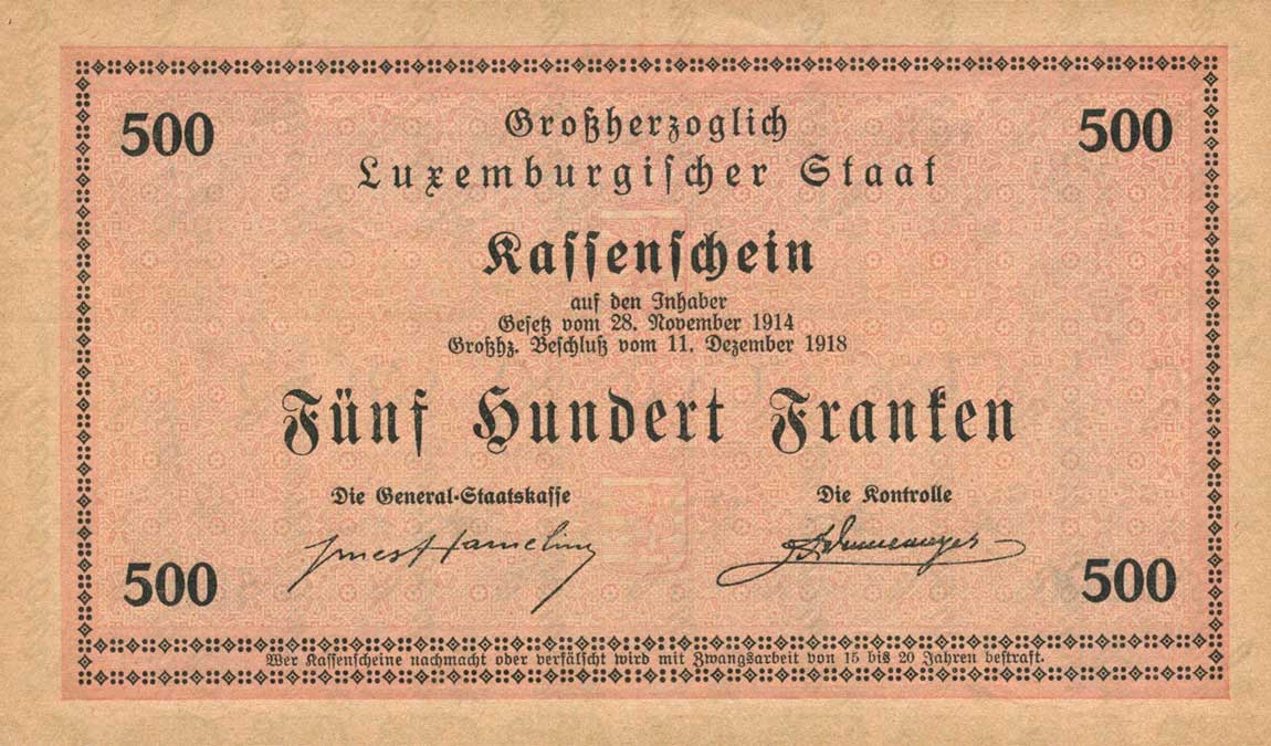 Back of Luxembourg p33a: 500 Francs from 1914