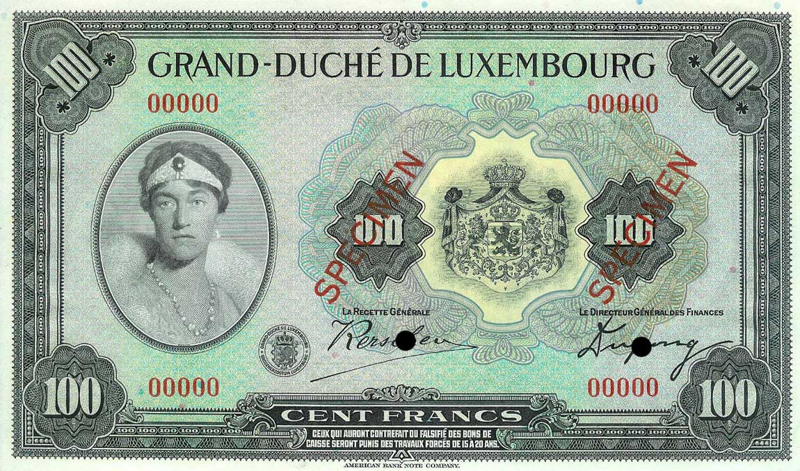 Front of Luxembourg p39s: 100 Francs from 1934