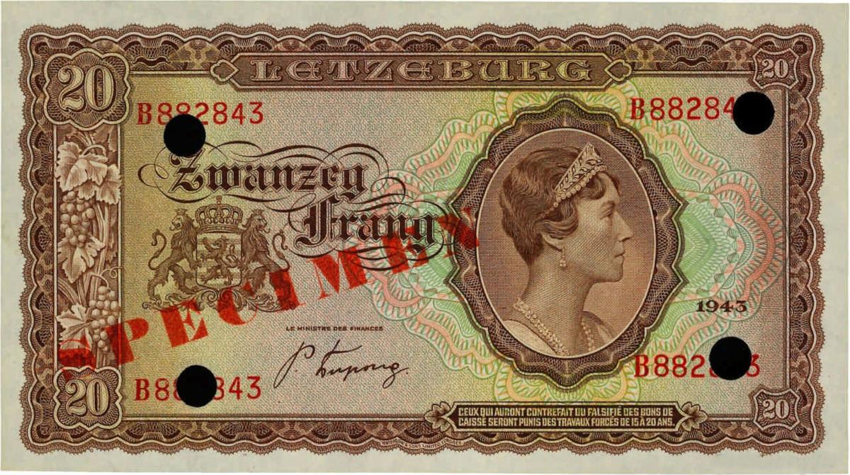 Front of Luxembourg p42s: 20 Frang from 1943