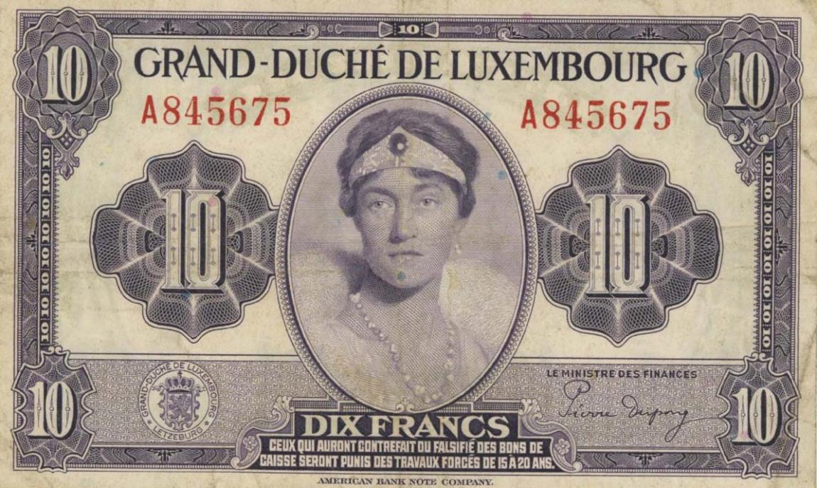 RealBanknotes Luxembourg P44a 10 Francs From 1944 realbanknotes-luxembourg-p44a-10-francs-from-1944