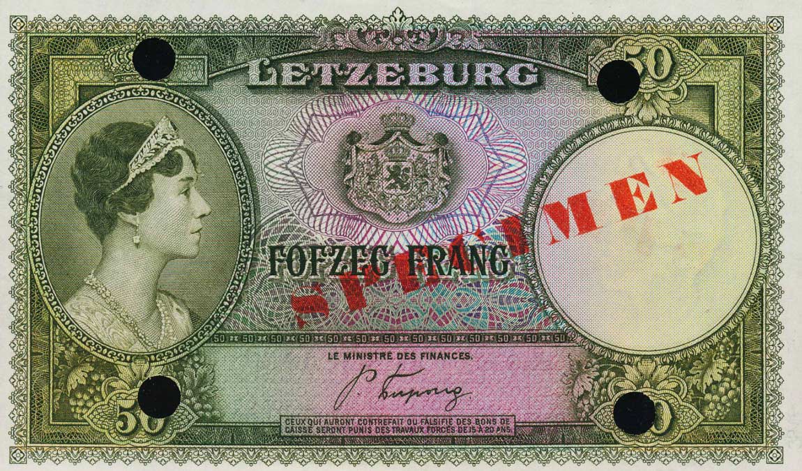 Front of Luxembourg p46s: 50 Francs from 1944