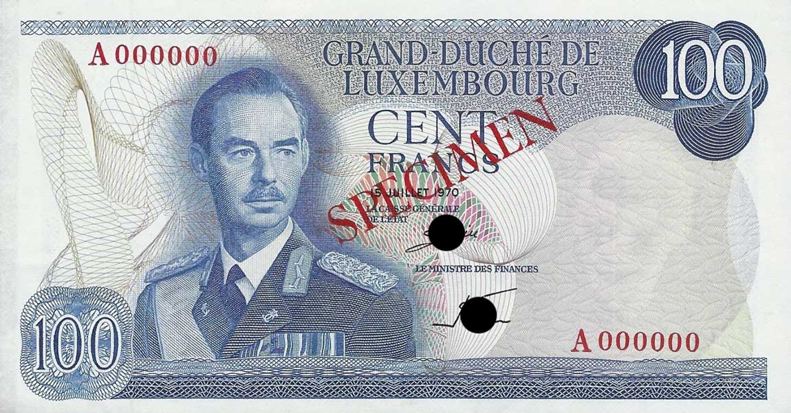 Front of Luxembourg p56ct: 100 Francs from 1970