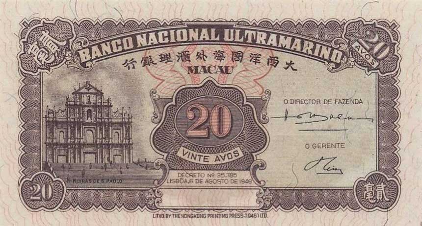 Front of Macau p37r: 20 Avos from 1946