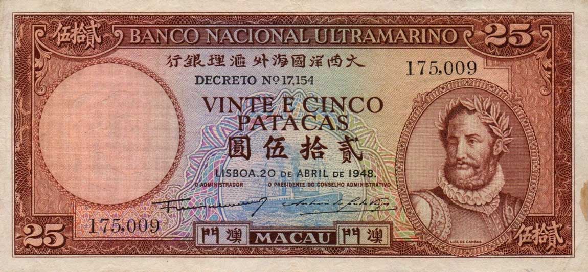 Front of Macau p39a: 25 Patacas from 1948