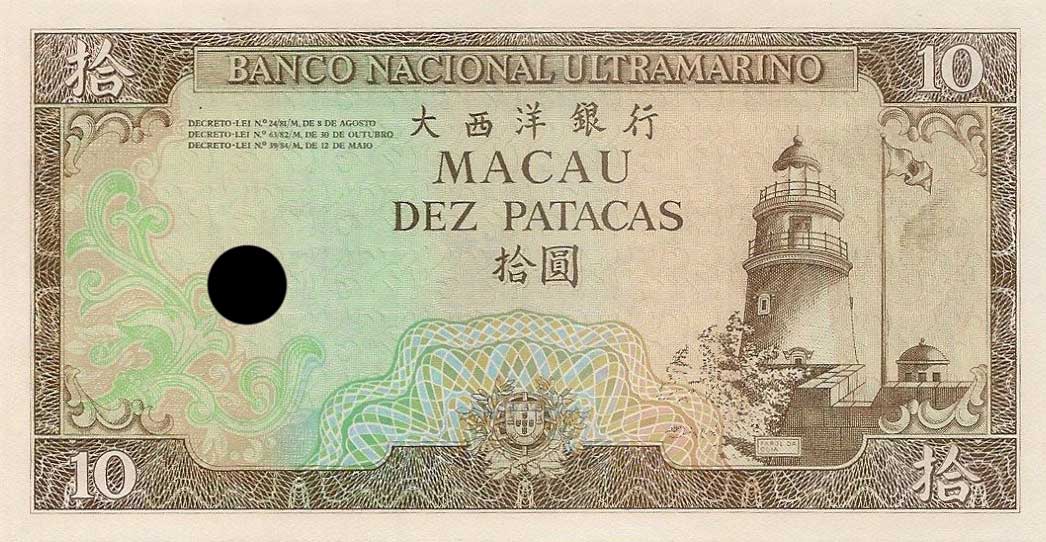 Front of Macau p59r: 10 Patacas from 1981