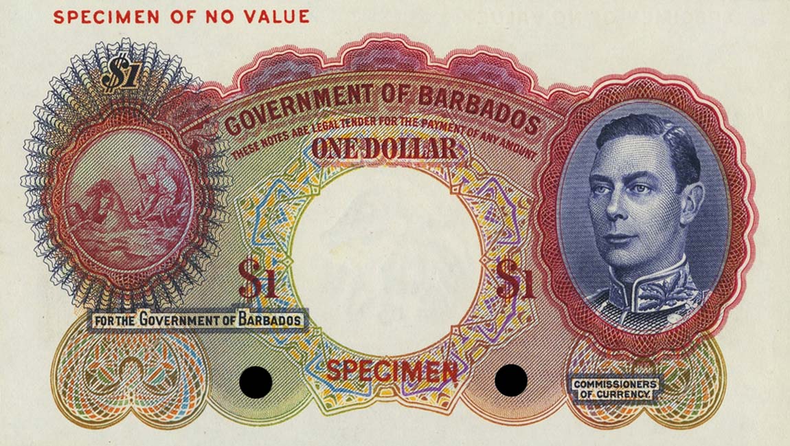 Front of Barbados p2ct: 1 Dollar from 1938