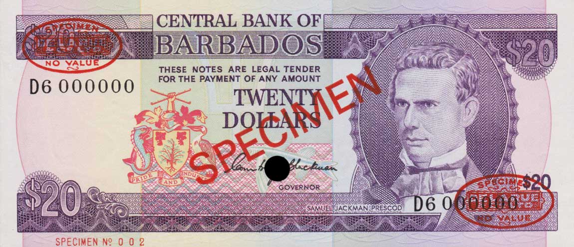 Front of Barbados p34s: 20 Dollars from 1973