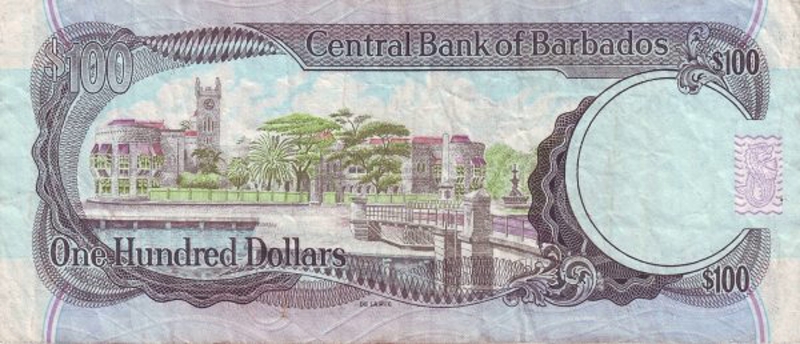 Back of Barbados p35B: 100 Dollars from 1986