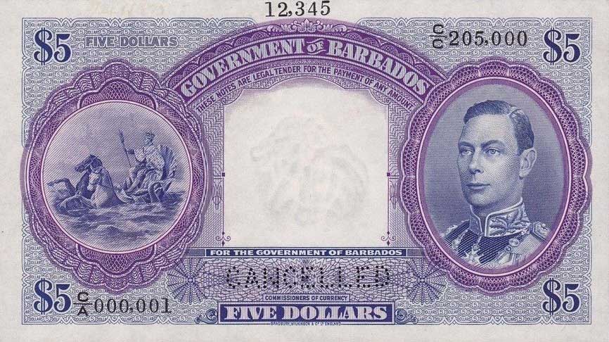 Front of Barbados p4s: 5 Dollars from 1939