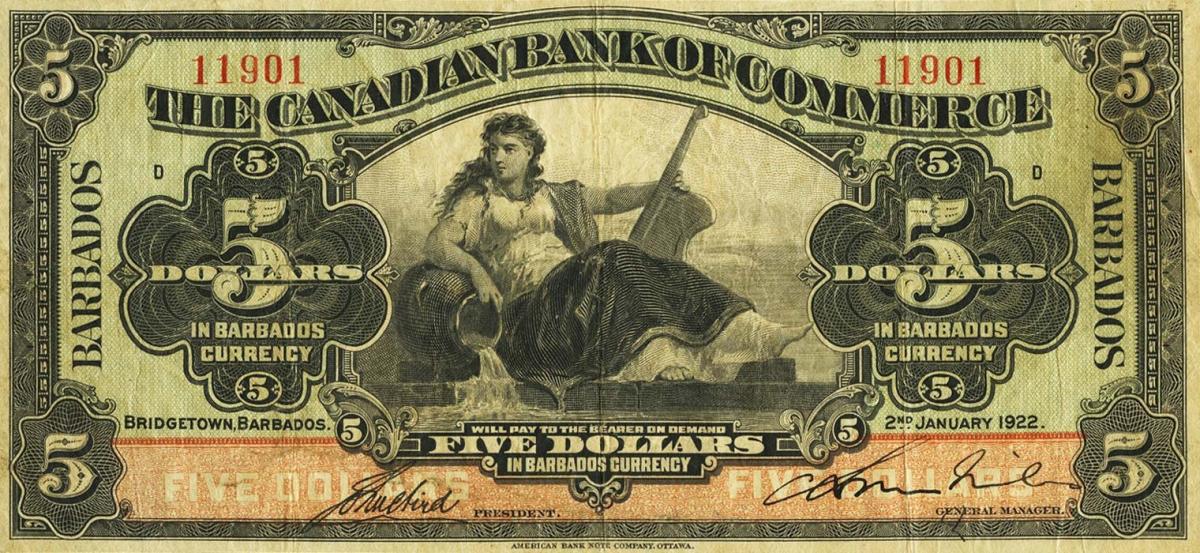 Front of Barbados pS120a: 5 Dollars from 1922