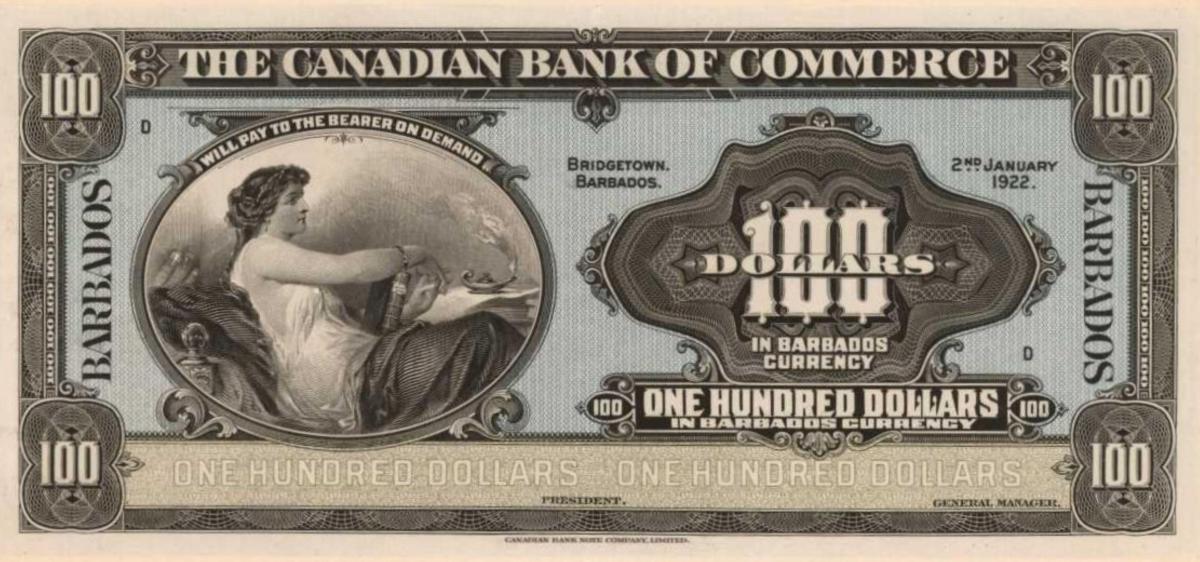 Front of Barbados pS123p2: 100 Dollars from 1922