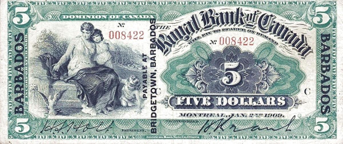 Front of Barbados pS161: 5 Dollars from 1909