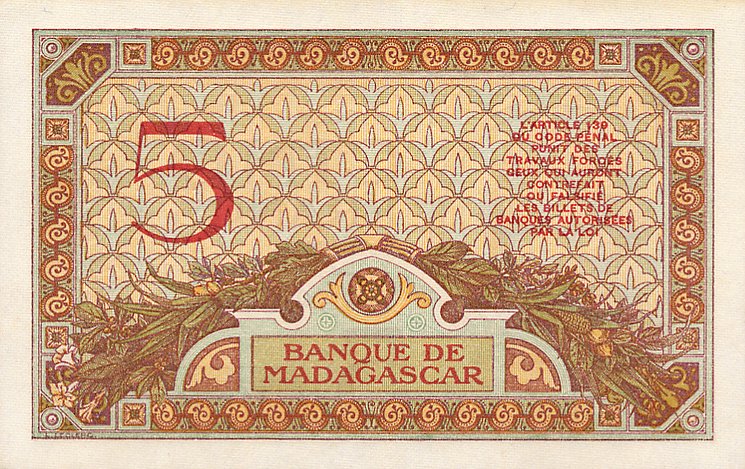 Back of Madagascar p35a: 5 Francs from 1937
