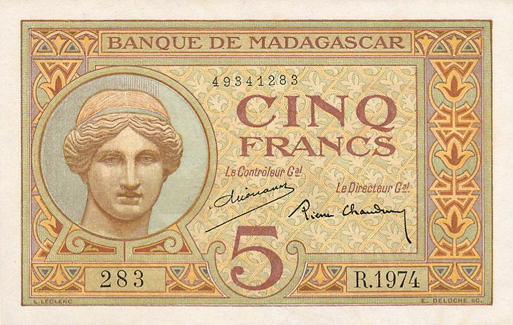 Front of Madagascar p35a: 5 Francs from 1937
