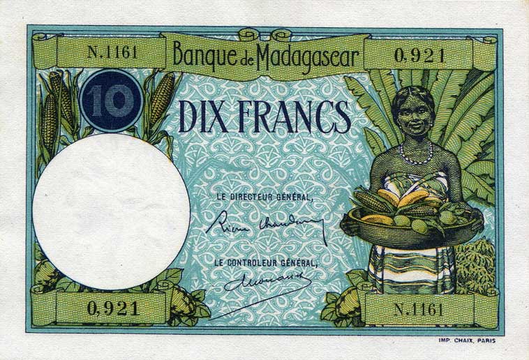 Front of Madagascar p36a: 10 Francs from 1937