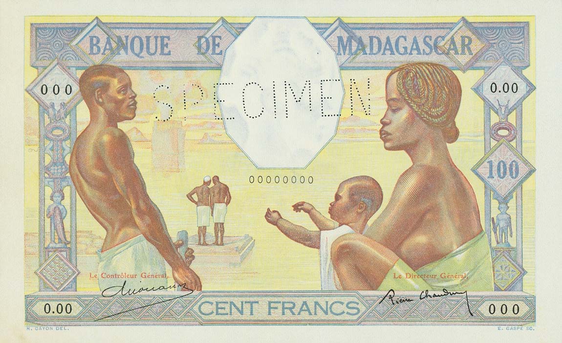 Front of Madagascar p40s: 100 Francs from 1937