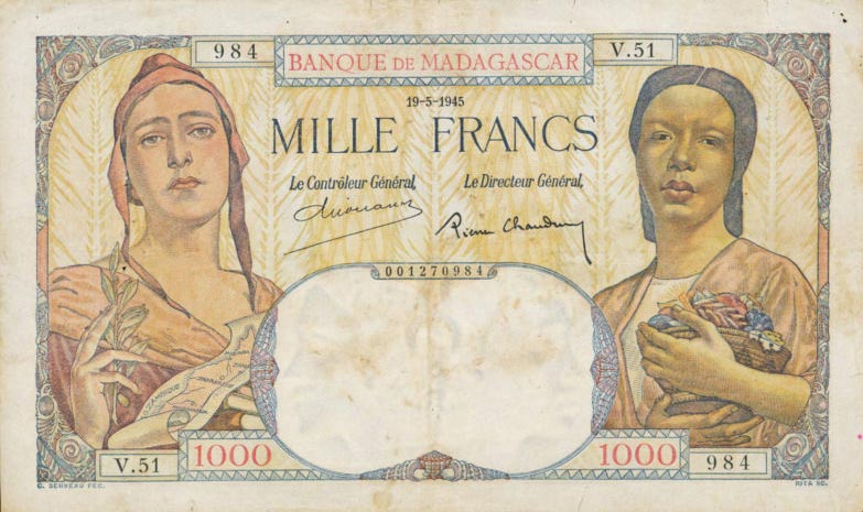 Front of Madagascar p41: 1000 Francs from 1933