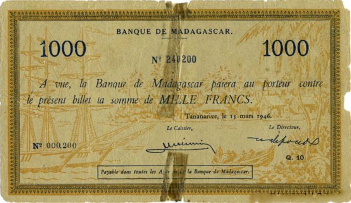 Front of Madagascar p43b: 1000 Francs from 1946