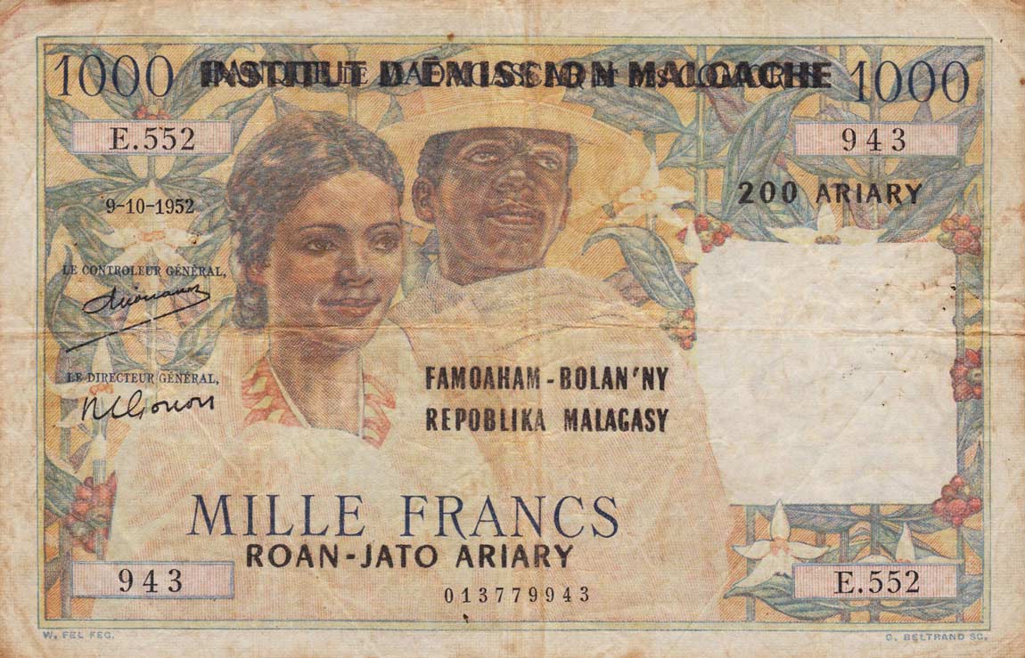 Front of Madagascar p54: 1000 Francs from 1961