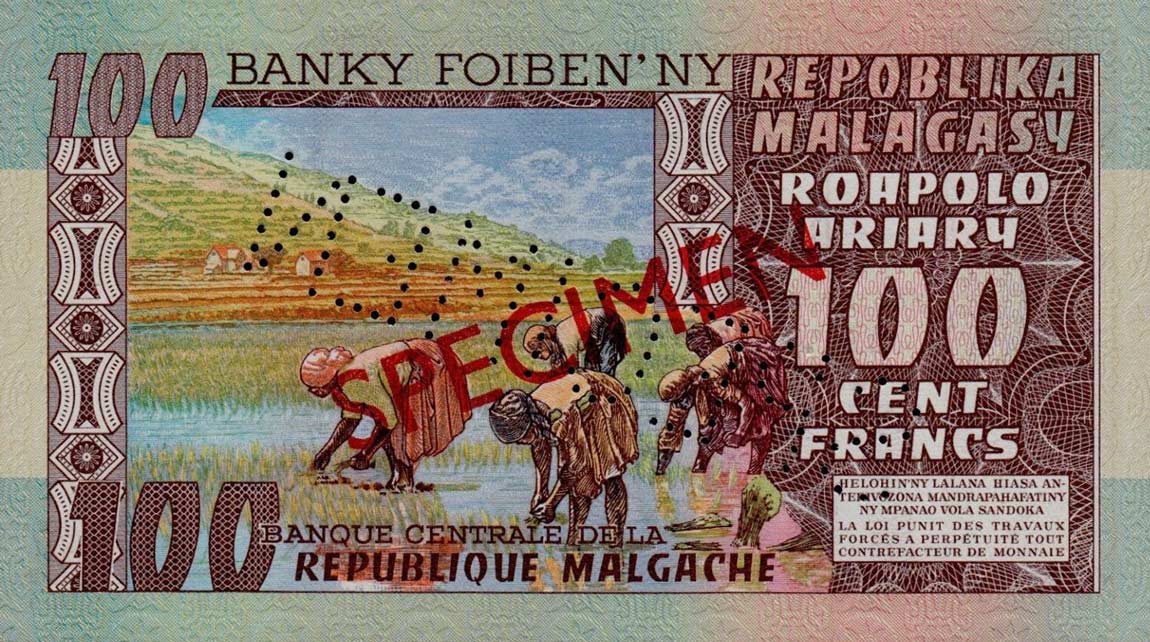 Back of Madagascar p63s: 100 Francs from 1974