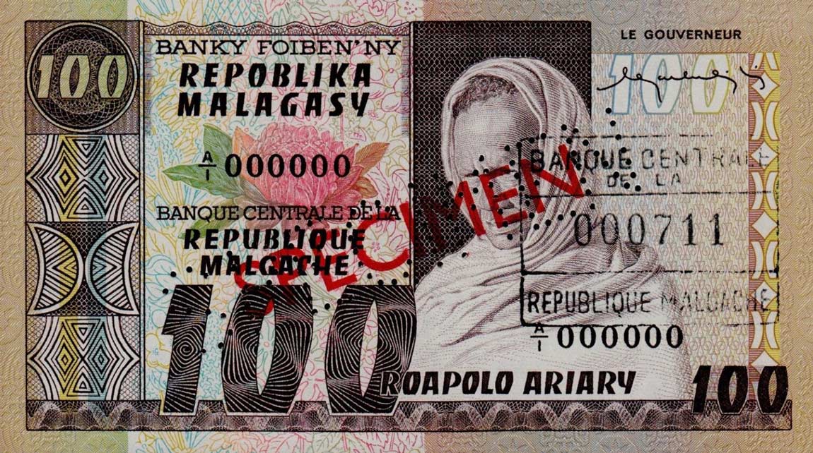 Front of Madagascar p63s: 100 Francs from 1974