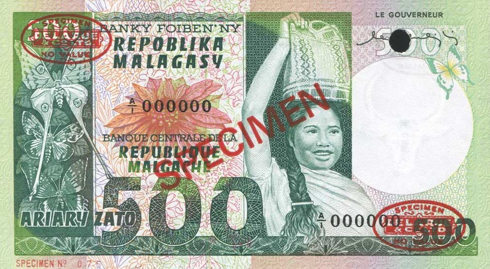 Front of Madagascar p64s: 500 Francs from 1974