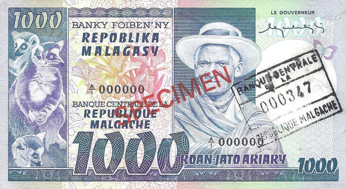Front of Madagascar p65s: 1000 Francs from 1974