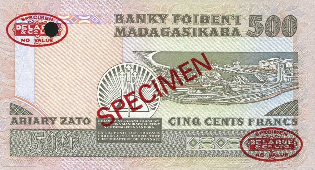 Back of Madagascar p67s: 500 Francs from 1983