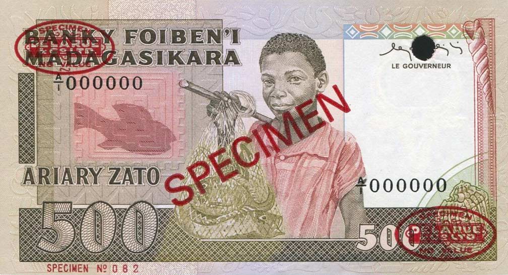 Front of Madagascar p67s: 500 Francs from 1983