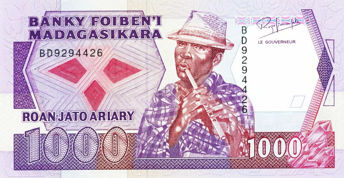Front of Madagascar p72a: 1000 Francs from 1988
