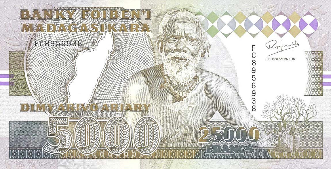 Front of Madagascar p74A: 25000 Francs from 1993