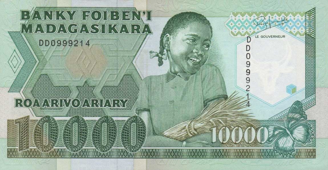 Front of Madagascar p74b: 10000 Francs from 1988