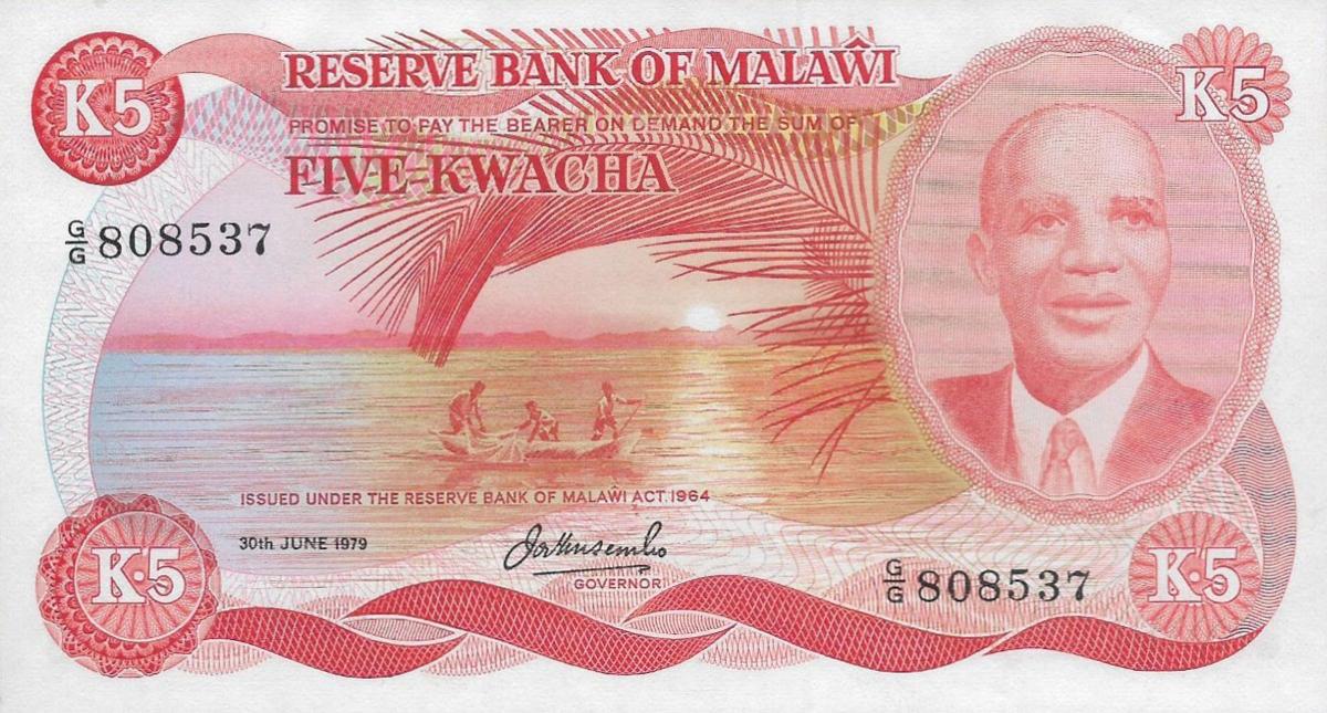 Front of Malawi p15c: 5 Kwacha from 1979