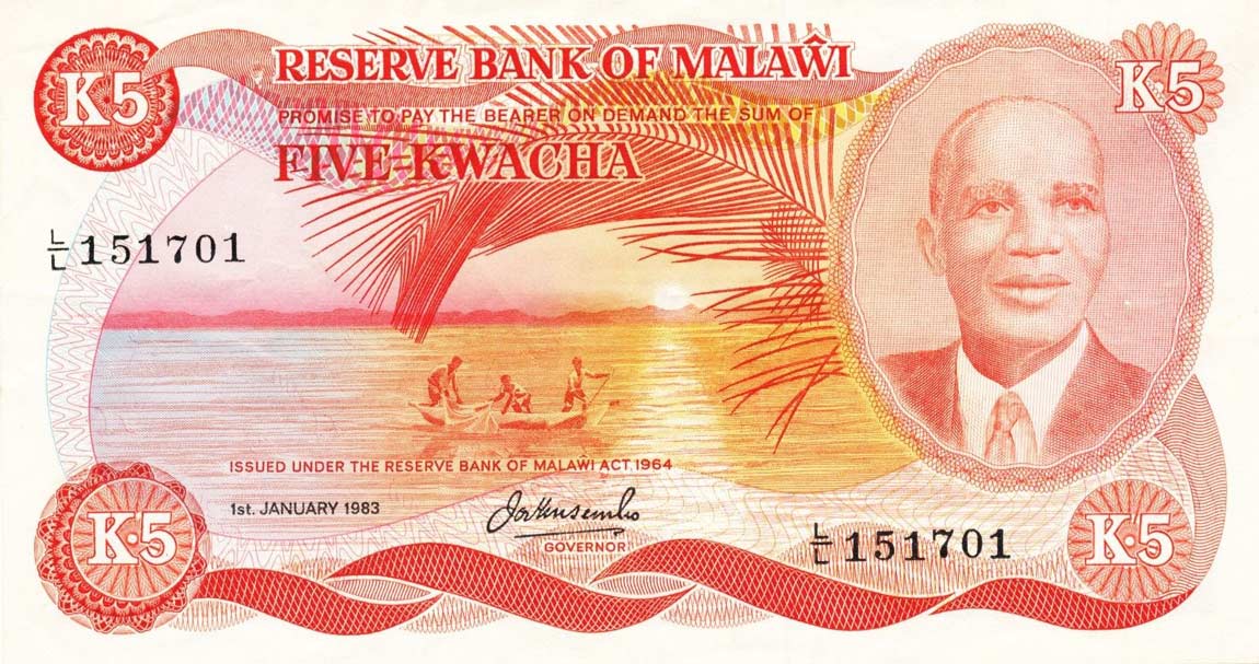 Front of Malawi p15e: 5 Kwacha from 1983
