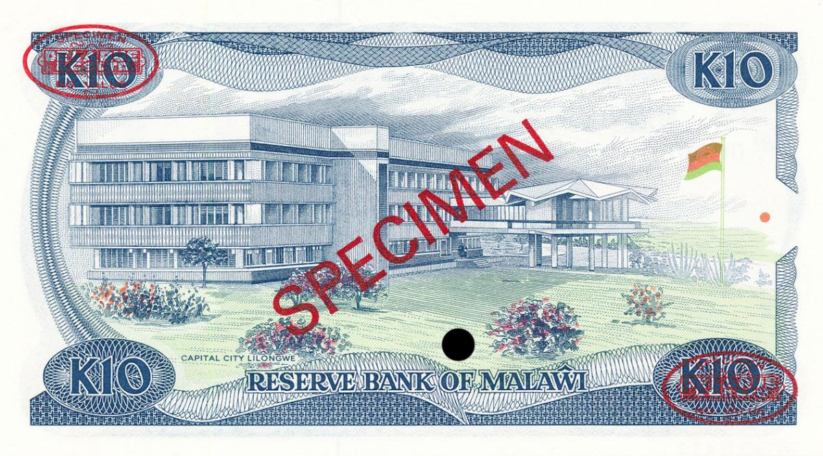 Back of Malawi p21s: 10 Kwacha from 1986