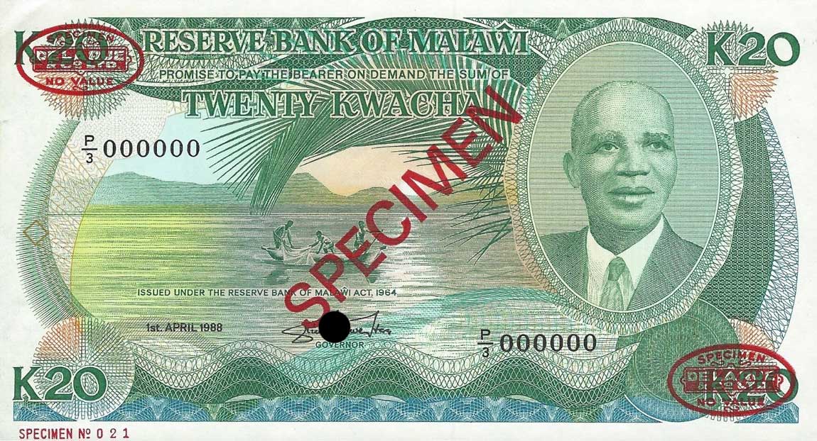 Front of Malawi p22s: 20 Kwacha from 1986