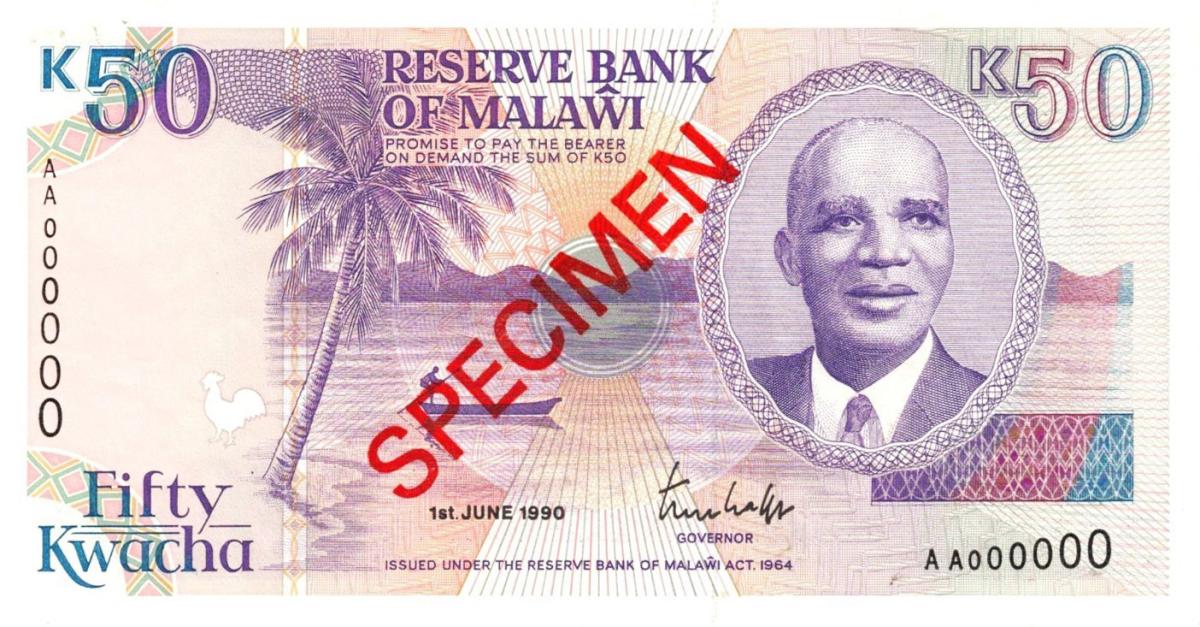 Front of Malawi p28s: 50 Kwacha from 1990