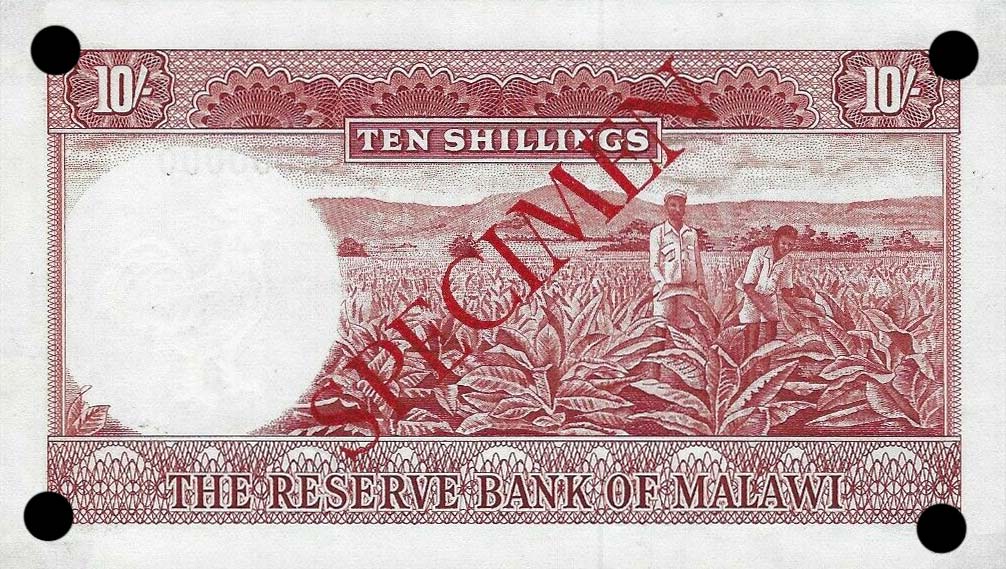 Back of Malawi p2s: 10 Shillings from 1964