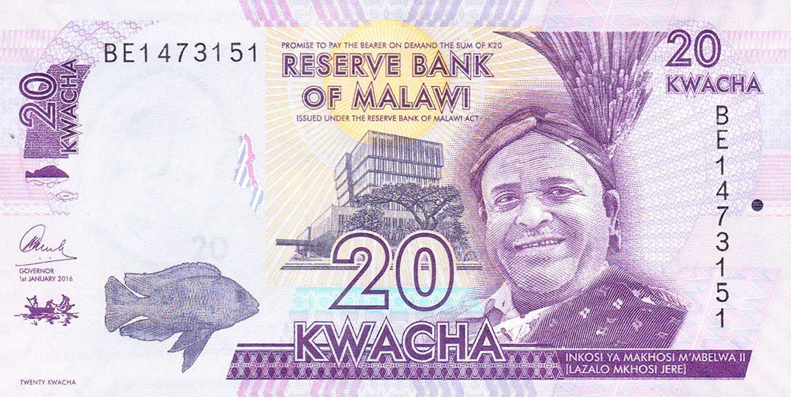 Front of Malawi p63c: 20 Kwacha from 2016