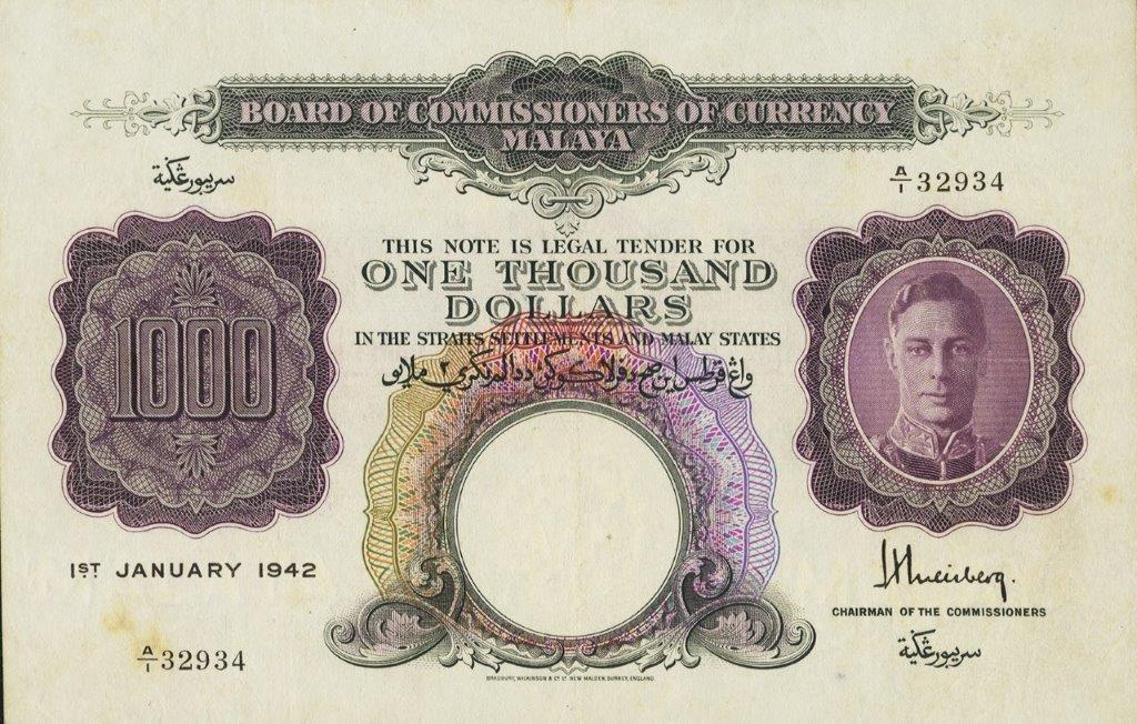Front of Malaya p16: 1000 Dollars from 1942