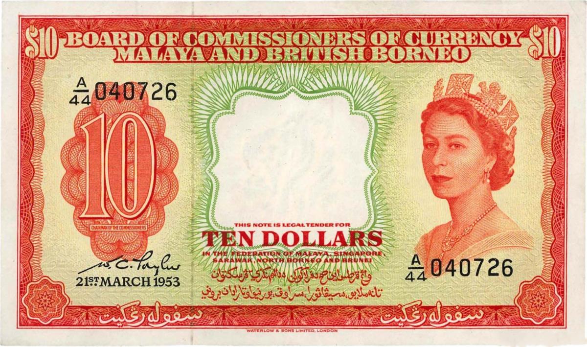 Front of Malaya and British Borneo p3a: 10 Dollars from 1953