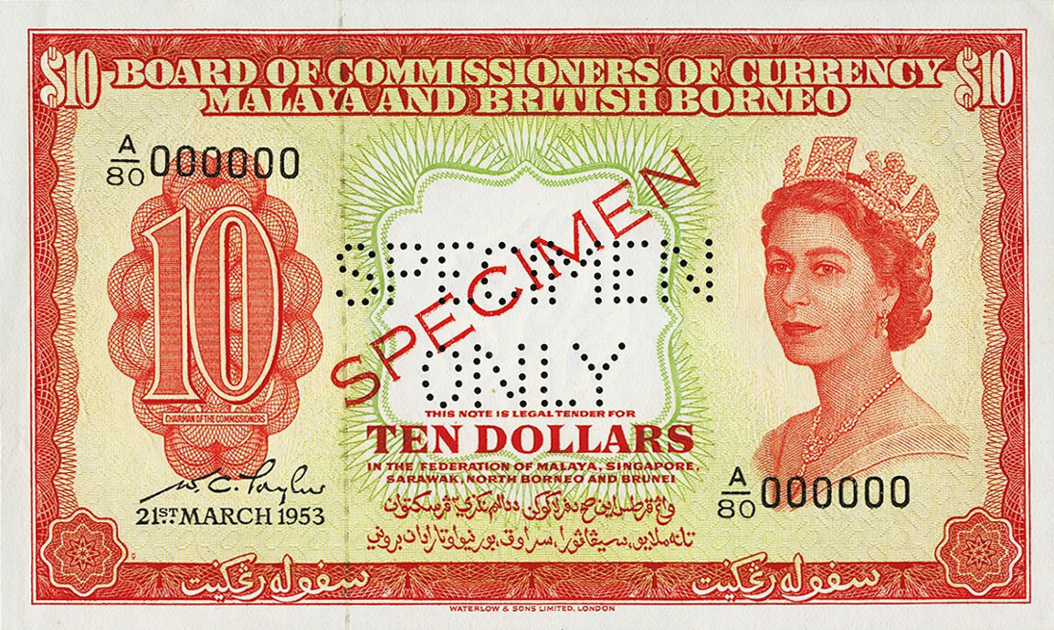 Front of Malaya and British Borneo p3s: 10 Dollars from 1953