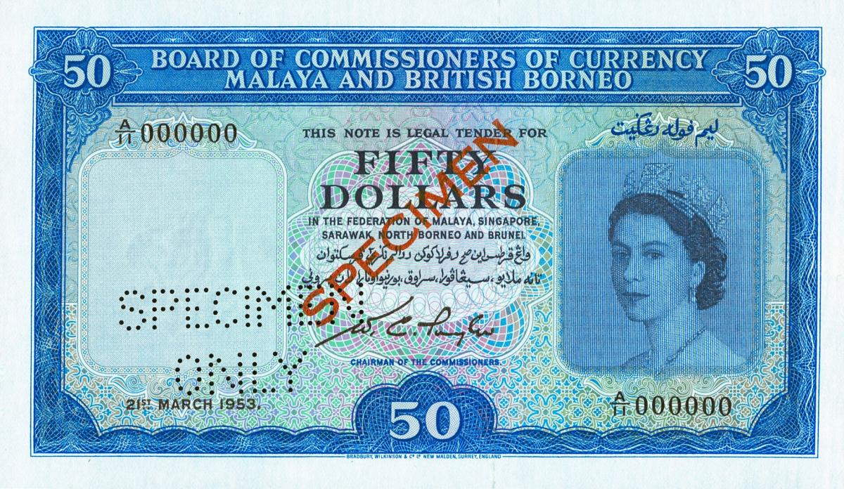 Front of Malaya and British Borneo p4s: 10 Dollars from 1953