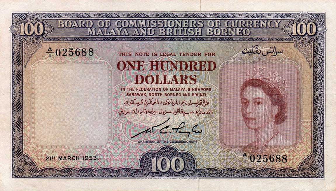 Front of Malaya and British Borneo p5a: 100 Dollars from 1953