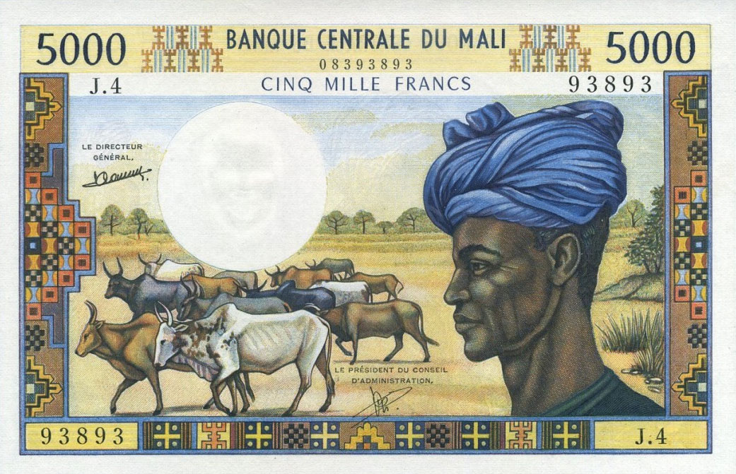 Front of Mali p14c: 5000 Francs from 1972