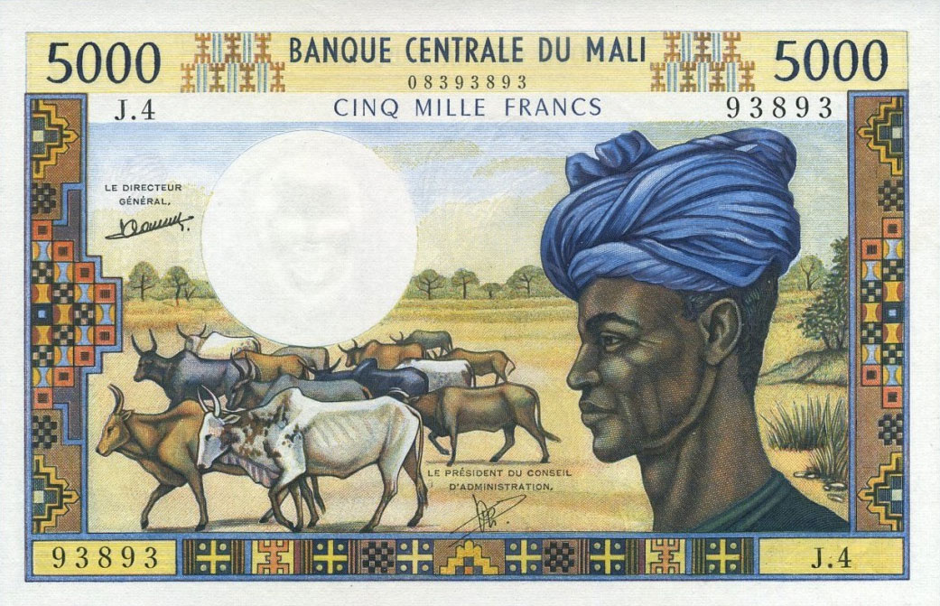 Front of Mali p14c: 5000 Francs from 1972