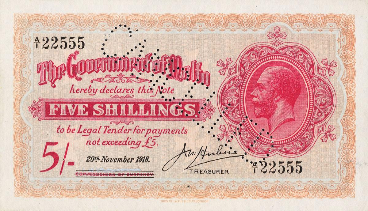 Front of Malta p10s: 5 Shillings from 1918