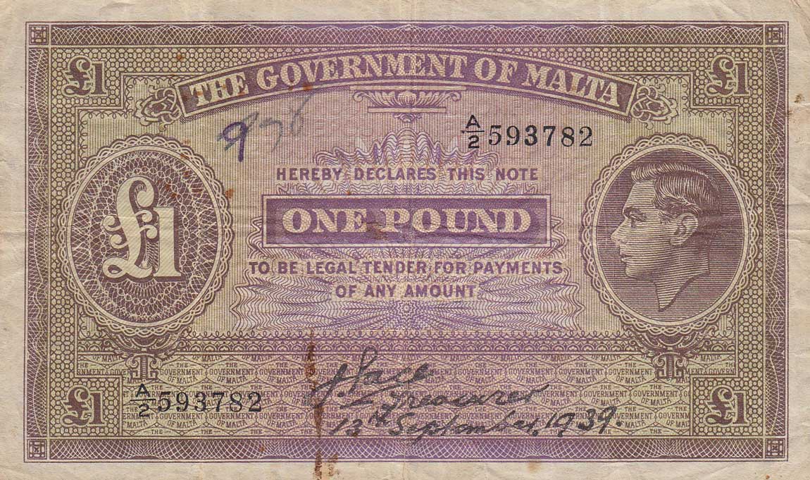Front of Malta p14: 1 Pound from 1939